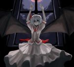  1girl arms_up bat_wings female ginji_(sakaki_summer) hat moon pale_skin red_moon remilia_scarlet shaded_face solo touhou vampire window wings 