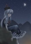  1girl barefoot cliff crescent_moon female from_side grass hat kamishirasawa_keine kerchief kokono_coco moon night night_sky outdoors profile puffy_short_sleeves puffy_sleeves red_eyes short_sleeves silver_hair sitting sky solo star_(sky) starry_sky tate_eboshi touhou white_hair 