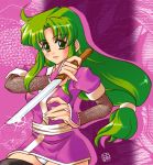  1girl dagger ganbare_goemon green_hair japanese_clothes knife long_hair ninja reverse_grip solo sword thigh-highs weapon yae yae_(ganbare_goemon) 