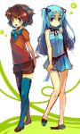 2girls ame_yamori blue_hair blue_legwear blue_skirt blush brown_hair multiple_girls original skirt thigh-highs 