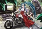  1girl ground_vehicle hair_ribbon headband inoino_(neko_saffron) japanese_clothes long_hair miko motor_vehicle motorcycle polearm ponytail red_hakama ribbon solo spear vehicle weapon 