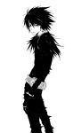  1boy bags_under_eyes cosplay death_note l_(death_note) male_focus monochrome parody ryuk shinigami solo 