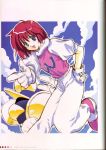  1girl artbook blue_eyes clouds flat_chest gloves happy looking_at_viewer mitsumi_misato open_mouth outdoors pants pastel_(twinbee) pointing redhead shoes short_hair sketch smile sneakers twinbee twinbee_(character) 