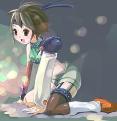  1girl armor bad_id brown_eyes brown_hair final_fantasy final_fantasy_vii goma headband kneeling midriff ninja ninja_(final_fantasy) short_hair shorts sleeveless sleeveless_turtleneck solo thigh-highs turtleneck yuffie_kisaragi 