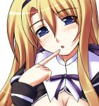  1girl :o blonde_hair blue_eyes breasts carim_gracia cleavage close-up face finger_to_mouth hairband looking_at_viewer lowres lyrical_nanoha mahou_shoujo_lyrical_nanoha mahou_shoujo_lyrical_nanoha_strikers parted_lips purple_ribbon ribbon simple_background solo white_background 