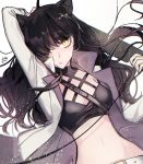 1girl arm_up belt black_hair blake_belladonna breasts cleavage crop_top dutch_angle ecru floating_hair hair_over_one_eye holding holding_sword holding_weapon jacket long_hair looking_at_viewer medium_breasts midriff navel open_clothes open_jacket parted_lips rwby signature simple_background solo stomach sword upper_body weapon white_background white_jacket yellow_eyes 
