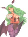  1girl bat_print bat_wings breasts bridal_gauntlets capcom cleavage gloves green_eyes green_hair head_tilt head_wings heart heart_cutout large_breasts mori_yoichi morrigan_aensland off_shoulder pantyhose patterned_legwear print_legwear smile solo vampire_(game) white_background wings yellow_eyes 