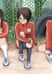  3girls brown_hair glasses kasuga_shun multiple_girls original short_hair sitting solo_focus sportswear 