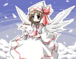  1girl :o brown_eyes brown_hair cowboy_shot dress fairy fairy_wings female hat lily_white long_sleeves looking_at_viewer parted_lips short_hair solo touhou white_dress white_wings wide_sleeves wings 