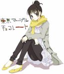  15 1girl bad_id blush brown_eyes brown_hair coat copyright_name dress fashion flats full_body hair_bun leggings looking_at_viewer scarf shoes simple_background sitting solo tokyo_marble_chocolate white_background yellow_scarf yellow_shoes 