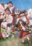  1boy 6+girls alice_margatroid animal_ears antennae black_hair black_wings blonde_hair blue_hair bow broom broom_riding brown_eyes brown_hair cape cat_ears cat_tail chen cherry_blossoms cirno contemporary detached_sleeves doll dress everyone fairy_wings flandre_scarlet fujiwara_no_mokou geta glasses green_hair hair_bow hakurei_reimu hat highres hong_meiling horns houraisan_kaguya ibuki_suika ice inaba_tewi instrument izayoi_sakuya jpeg_artifacts kamishirasawa_keine kazami_yuuka keyboard_(instrument) kirisame_marisa konpaku_youmu konpaku_youmu_(ghost) letty_whiterock lily_white long_hair luna_child lunasa_prismriver lyrica_prismriver maribel_hearn medicine_melancholy merlin_prismriver morichika_rinnosuke multiple_girls multiple_tails mystia_lorelei onozuka_komachi orange_hair pants patchouli_knowledge pink_hair purple_hair rabbit_ears red_eyes redhead reisen_udongein_inaba remilia_scarlet rope rumia saigyouji_yuyuko scythe shameimaru_aya shanghai_doll shiki_eiki shimenawa shrine silver_hair sitting skirt star star_sapphire sunny_milk tail takahata_yuki tengu-geta tokin_hat torii touhou trumpet usami_renko violin wings wriggle_nightbug yagokoro_eirin yakumo_ran yakumo_yukari youkai 