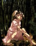  1girl 3 animal_ears bamboo bamboo_forest barefoot black_hair bloomers dappled_sunlight dress female forest inaba_tewi nature number rabbit_ears red_eyes short_hair sitting solo sun-3 sunlight touhou underwear 
