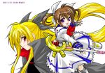  00s 2005 2girls blonde_hair blush bow brown_hair cape dated fate_testarossa fingerless_gloves gloves hair_ribbon long_hair looking_at_viewer lyrical_nanoha magazine_(weapon) magical_girl mahou_shoujo_lyrical_nanoha mahou_shoujo_lyrical_nanoha_a&#039;s minazoi_kuina multiple_girls profile raising_heart red_bow red_eyes redhead ribbon simple_background smile standing standing_on_one_leg takamachi_nanoha twintails uniform very_long_hair violet_eyes 