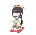  1girl animal animal_on_head animal_on_lap animal_on_shoulder animalization bangs bird bird_on_arm bird_on_head bird_on_lap bird_on_shoulder black_hair blunt_bangs blush chick closed_mouth cup cushion dental holding holding_cup kunikida_hanamaru kurosawa_dia kurosawa_ruby long_hair long_sleeves love_live! love_live!_sunshine!! matsuura_kanan mole mole_under_mouth ohara_mari on_head pleated_skirt sakurauchi_riko school_uniform seiza serafuku simple_background sitting skirt takami_chika tsushima_yoshiko watanabe_you white_background 