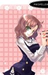  1girl black_dress blush brown_hair buttons dress green_eyes hand_holding interlocked_fingers long_sleeves looking_at_viewer lowres original pink_background school_uniform serafuku short_hair simple_background solo 