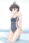  antenna_hair bad_id black_hair blue_eyes double_vertical_stripe idolmaster kikuchi_makoto mattaku_mousuke one-piece_swimsuit short_hair swimsuit 