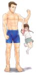  1boy 1girl braid child hanging mokyu_tasuku mokyusuke muscle raglan_sleeves size_difference skirt twin_braids 