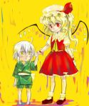  1boy 1girl age_difference ahoge blonde_hair bracelet child dress flandre_scarlet glasses green_dress hand_holding hat hat_ribbon height_difference japanese_clothes jewelry kimono mob_cap morichika_rinnosuke ono_mochiko red_eyes red_ribbon red_skirt ribbon shoes short_hair side_ponytail silver_hair skirt smile touhou white_hat wings yellow_background yellow_eyes younger yukata 