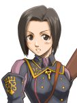  1girl blush brown_eyes brown_hair clenched_teeth emblem final_fantasy final_fantasy_xi hume lips long_sleeves looking_at_viewer military military_uniform parted_lips short_hair simple_background solo teeth uniform upper_body white_background 