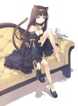  1girl animal_ears bad_id bare_shoulders barefoot bird black_dress blue_eyes breasts brown_hair cat_ears cat_tail choker cleavage couch dress feet h2so4 hands holding holding_shoes jewelry legs long_hair original pendant ribbon shoes single_shoe sitting solo tail yellow_upholstery 