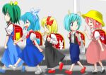  5girls antennae backpack bag blonde_hair blue_eyes bow cirno closed_eyes daiyousei dress female green_hair hair_bow multiple_girls mystia_lorelei pink_hair rabbit randoseru red_eyes rumia stick team_9 touhou wings wriggle_nightbug youkai 