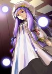  1girl bangs blunt_bangs face female hair_ribbon hat heebee light_particles long_hair patchouli_knowledge purple_hair ribbon robe solo standing striped touhou violet_eyes 