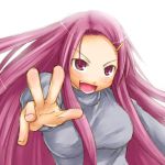  1girl breasts hair_ornament hairclip kakizaki_misa kasuga_yukihito long_hair long_sleeves looking_at_viewer mahou_sensei_negima! open_mouth purple_hair simple_background solo sweater teeth upper_body v very_long_hair violet_eyes white_background 