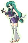  1girl dagger ganbare_goemon green_hair japanese_clothes knife long_hair ninja reverse_grip shuriken weapon yae yae_(ganbare_goemon) 