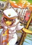  1girl amano_kozue aria athena_glory clouds dark_skin green_eyes hat highres jpeg_artifacts leaning_forward official_art outdoors scan short_hair silver_hair sky smile solo sunset uniform venezia venice water 