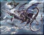  1girl aerial_battle barefoot battle dragon dragon_tail dress energy_beam flying gun orta panzer_dragoon panzer_dragoon_orta riding scarf silver_hair smoke strapless strapless_dress tail tube_dress weapon wings 