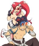  1boy 1girl bandage blue_hair kamina kamina_shades redhead rikko rikko_(peso) sarashi shirtless shooting_glasses sunglasses tattoo tengen_toppa_gurren_lagann thigh-highs thumbs_up yoko_littner 