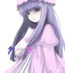  1girl bow dress face female ginji_(sakaki_summer) hair_bow hat long_hair mob_cap patchouli_knowledge pink_bow purple_hair solo striped striped_dress touhou vertical_stripes violet_eyes 