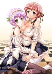  2girls blue_eyes blush bow breasts brown_legwear checkered checkered_floor choker cleavage detached_collar frills green_eyes hair_ribbon hairband hinomoto_hikari huge_breasts lolita_hairband looking_at_viewer maid mole mole_under_eye multiple_girls pink_hair redhead ribbon shiruko short_hair sitting thigh-highs tokimeki_memorial tokimeki_memorial_2 white_legwear yae_kaori yuri 