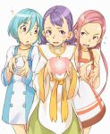  3girls ? anemone_(eureka_seven) bare_shoulders blush buttons collarbone cowboy_shot dress embarrassed eureka eureka_seven eureka_seven_(series) facepaint failure flying_sweatdrops hair_ornament hairclip heart heart_hands jewelry mannen_hitsu multiple_girls neck_ring sakuya_(eureka_seven) simple_background smile valentine white_background white_dress 