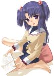  1girl barefoot book clannad hair_bobbles hair_ornament ichinose_kotomi mocha pillow purple_hair school_uniform serafuku short_twintails sitting solo twintails two_side_up violet_eyes 