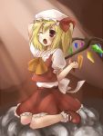  1girl ;o ascot bobby_socks collar dress female flandre_scarlet frills full_body hat kiji_(manekinuko-tei) light_rays mary_janes mob_cap one_eye_closed open_mouth puffy_short_sleeves puffy_sleeves red_dress shoes short_sleeves sitting socks solo touhou wariza white_legwear wings 