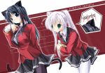  animal_ears black_hair cat_ears cat_tail fortune_arterial green_eyes kuze_kiriha pantyhose school_uniform serafuku shippo_danshaku tail tougi_shiro violet_eyes white_hair white_legwear 