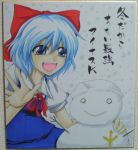  1girl bow cirno female kurinton shikishi smile snowman solo touhou traditional_media 