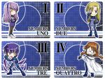  4girls bodysuit chibi due_(nanoha) furafura glasses lyrical_nanoha mahou_shoujo_lyrical_nanoha mahou_shoujo_lyrical_nanoha_strikers multiple_girls number numbers_(nanoha) pantyhose quattro_(nanoha) tre_(nanoha) uno_(nanoha) 