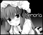  1girl blue blush bow copyright_name dress eyebrows eyebrows_visible_through_hair female frills gradient gradient_background greyscale hair_bow hat long_sleeves looking_at_viewer mob_cap monochrome parted_lips patchouli_knowledge simple_background solo striped striped_dress text tilm touhou two_side_up upper_body vertical_stripes 