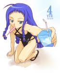  1girl ahoge arm_support ayase_yue blue_eyes blue_hair braid casual_one-piece_swimsuit drinking_straw foreshortening halterneck haruka_shiya juice_box kneeling mahou_sensei_negima! mouth_hold one-piece_swimsuit popsicle sandals solo squatting straw swimsuit twin_braids 