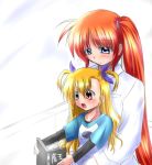  2girls :d age_difference ahoge blush book green_eyes height_difference holding holding_book long_hair long_sleeves lyrical_nanoha mahou_shoujo_lyrical_nanoha mahou_shoujo_lyrical_nanoha_strikers misana mother_and_daughter multiple_girls open_mouth orange_hair raglan_sleeves reading red_eyes redhead shirt side_ponytail simple_background smile t-shirt takamachi_nanoha twintails upper_body very_long_hair violet_eyes vivio white_background 