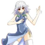  1girl bare_shoulders blush china_dress chinese_clothes dress embarrassed female fighting_stance frown izayoi_sakuya jpeg_artifacts lowres panties pantyshot red_eyes side_slit silver_hair solo tajima_yuuki thigh-highs touhou underwear white_background white_legwear 