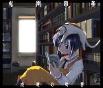  1girl animal animal_on_head blue_hair book bookshelf cat cat_on_head reading room short_hair sitting solo 