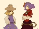 2girls crossed_arms female hair_ornament hat iwamoto_james leaf_hair_ornament moriya_suwako multiple_girls touhou yasaka_kanako