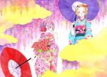  2girls bad_id floral_print flower from_behind furisode japanese_clothes kimono kuko multicolored_hair multiple_girls obi oriental_umbrella original sash traditional_media umbrella watercolor_(medium) wisteria 