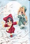  absurdres artbook bow braid buttons earflap_hat frills gloves hair_bow hat highres jacket kishou_seireiki mittens nanase_aoi red_jacket red_shoes scarf seven_colors_of_the_wind shoes snow snowflakes tree winter_clothes 