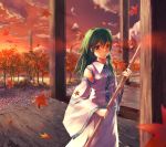  1girl akino_komichi autumn autumn_leaves broom building clouds detached_sleeves female forest green_eyes green_hair holding kochiya_sanae long_hair long_sleeves looking_at_viewer nature outdoors pillar plant shacchi shrine sky solo sunlight sunset touhou tree 