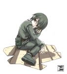  00s 1girl androgynous bangs boots green_hair kino kino_no_tabi looking_at_viewer reverse_trap short_hair simple_background sitting solo white_background 