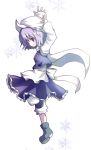  1girl ankle_boots apron arms_up black_boots blue_dress blush boots dollar dress female from_side leg_up letty_whiterock long_sleeves purple_hair short_hair simple_background smile solo standing standing_on_one_leg touhou violet_eyes waist_apron white_background 